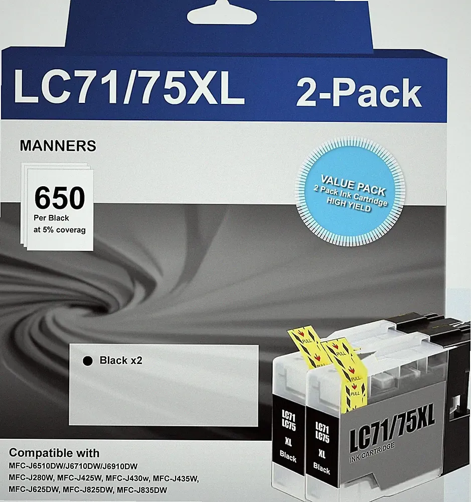 2 Pack LC75XL LC71 Black Toner Ink Cartridges Replacement for Brother Printer